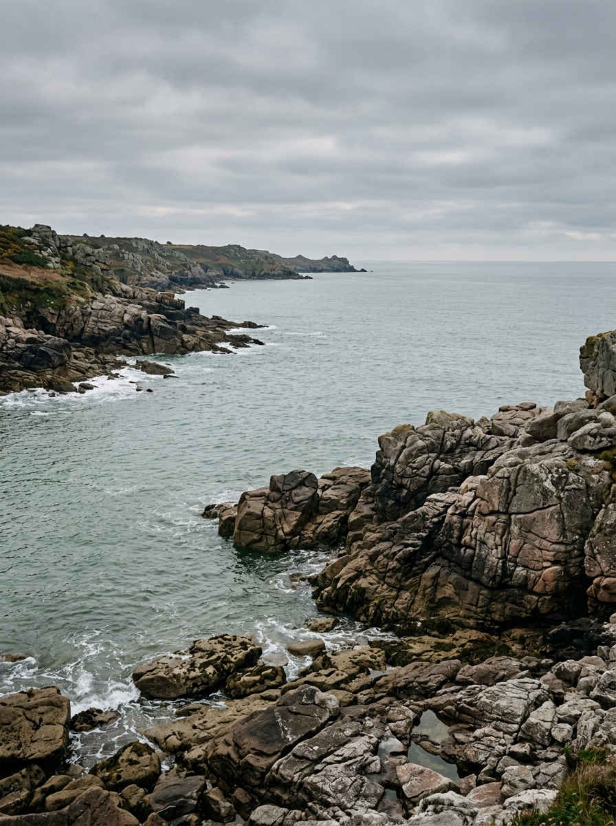 Generated image of the rocky Brittany coastline under a grey sky