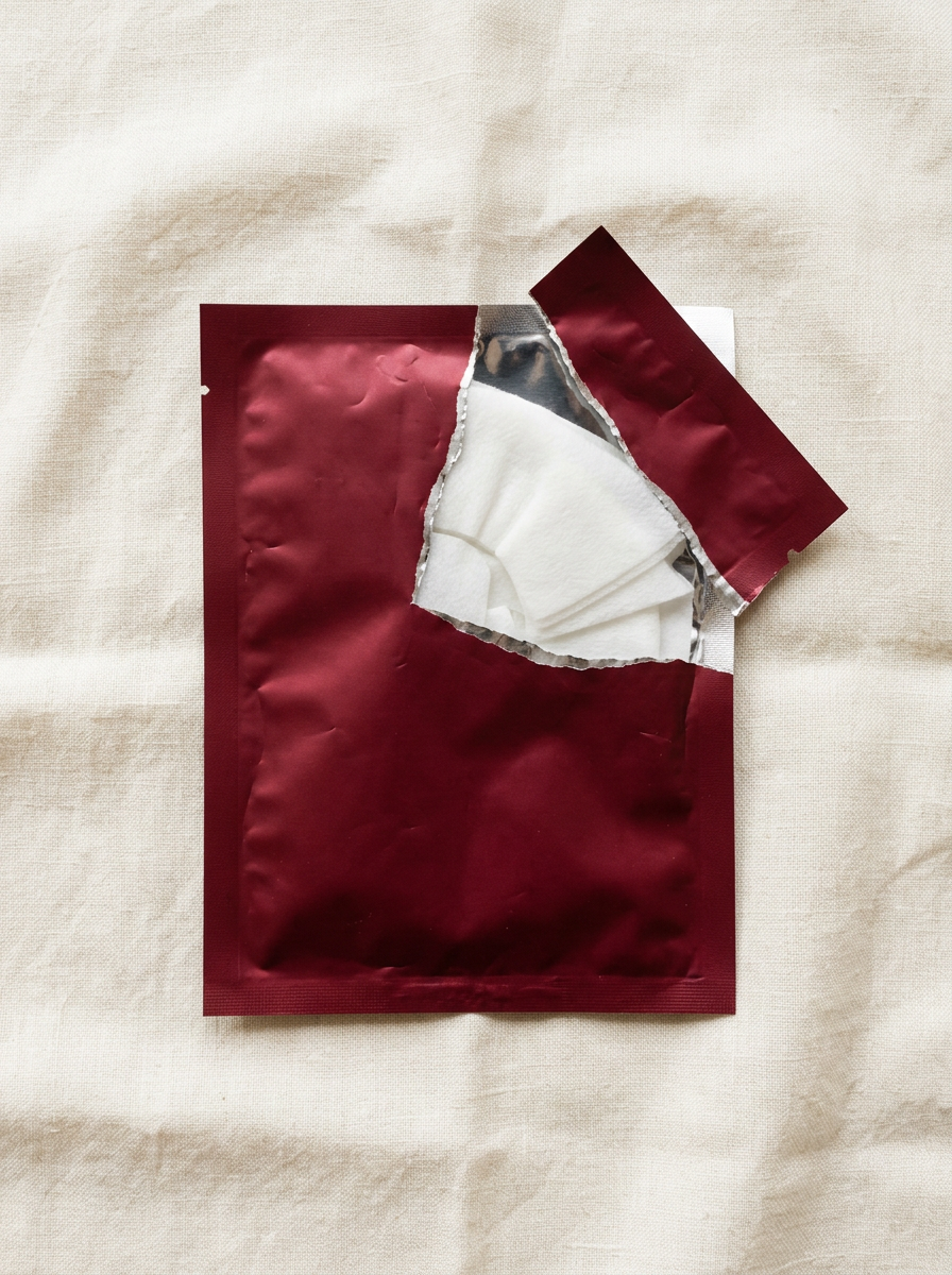 Generated image of a burgundy sachet torn open on cream linen with a white sheet mask inside