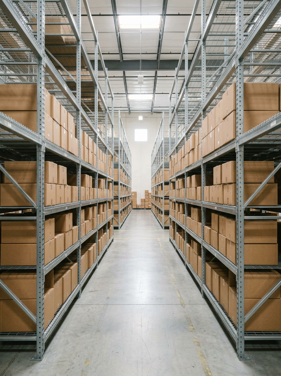 Generated image of a tidy warehouse aisle with shelves of cardboard cartons