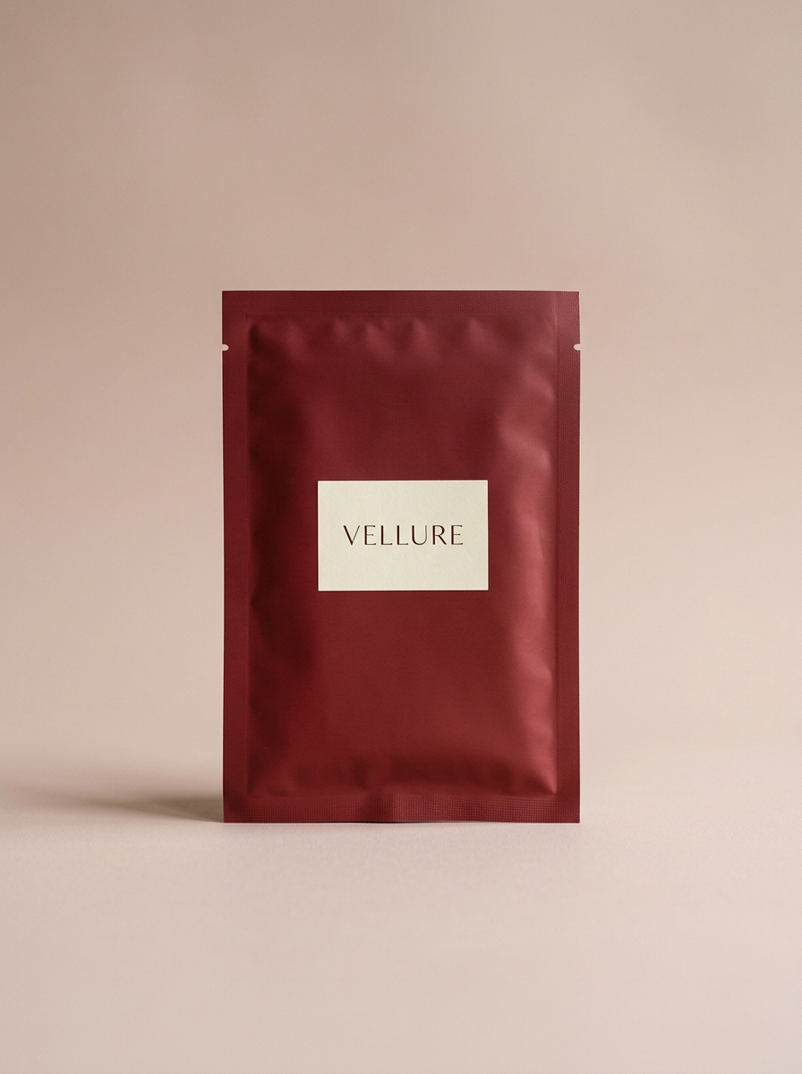 Generated image of one burgundy Vellure face-mask sachet on a dusty pink backdrop