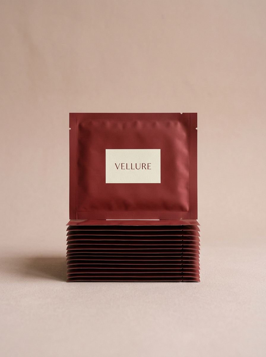 Generated image of a low stack of burgundy Vellure sachets on a dusty pink backdrop