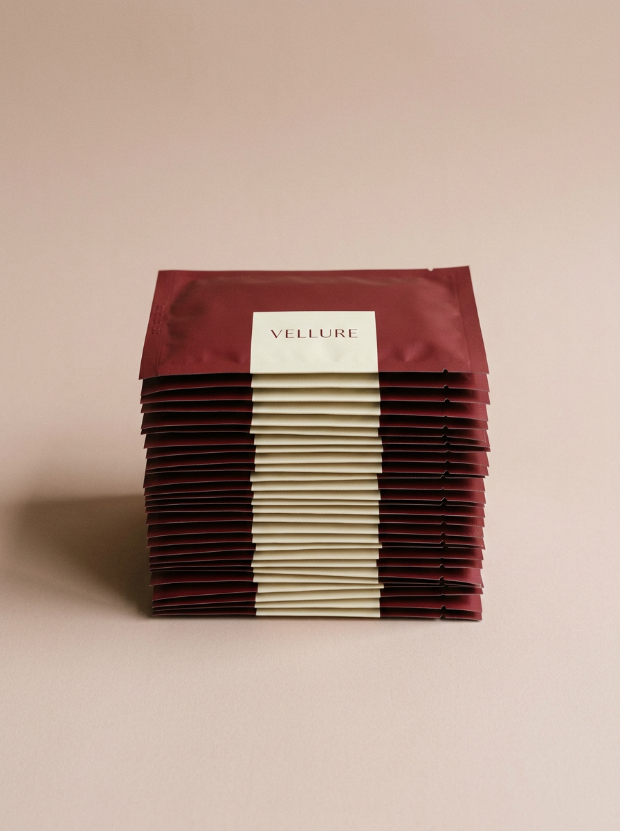 Generated image of a tall pile of burgundy Vellure sachets on a dusty pink backdrop