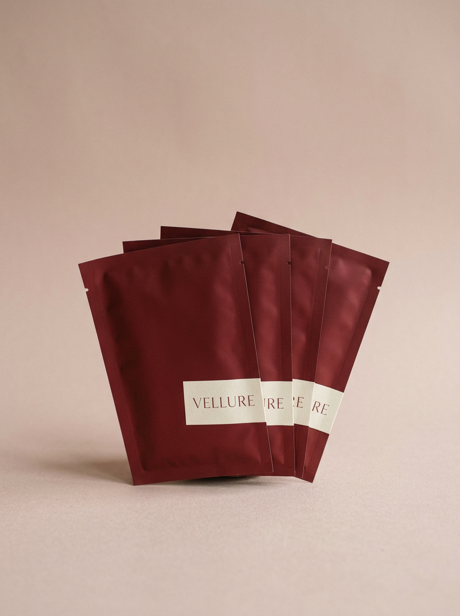 Generated image of four burgundy Vellure sachets fanned out on a dusty pink backdrop